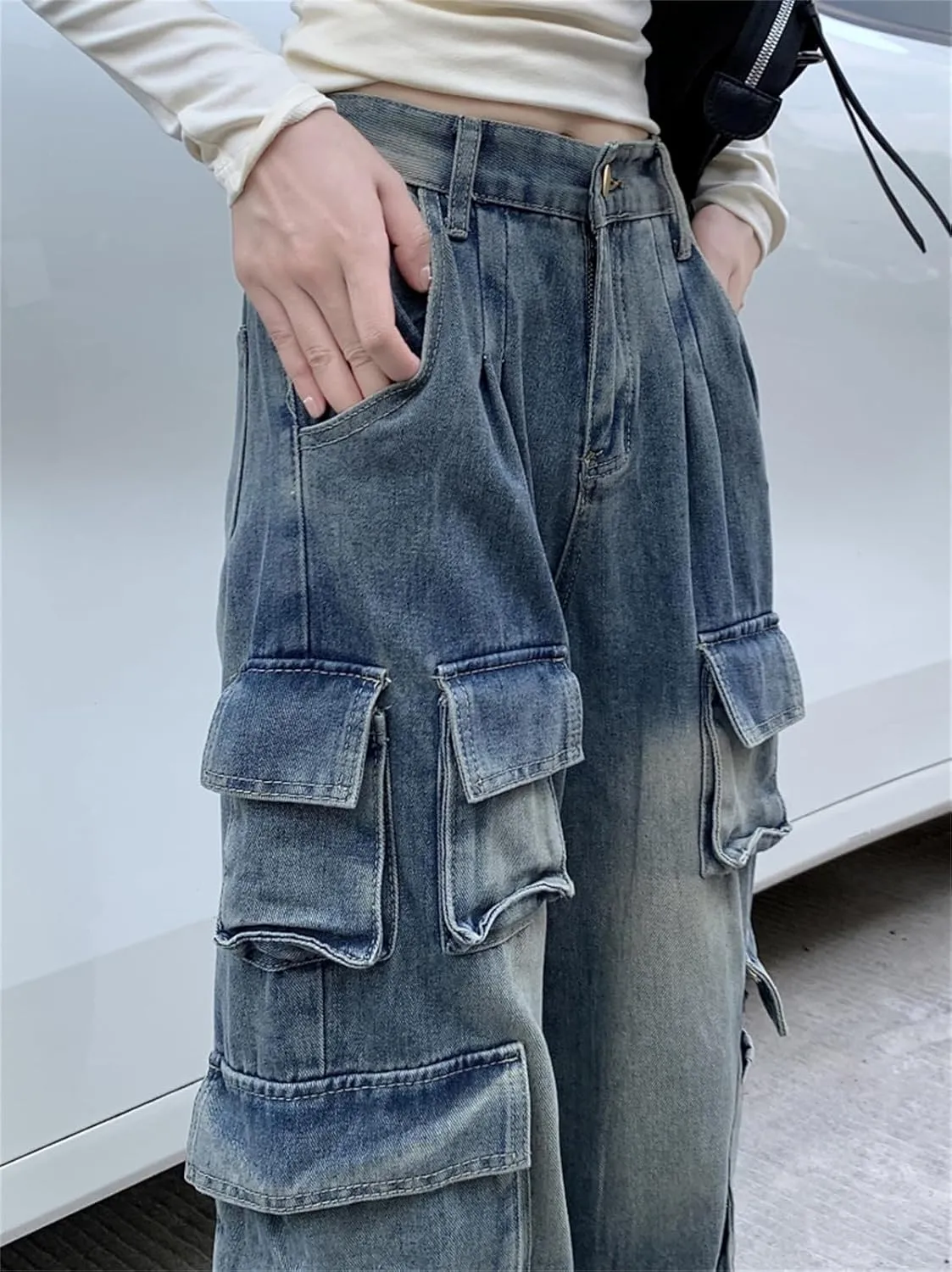 SANGTREE Womens High Waisted Multi Pocket Cargo Jeans
