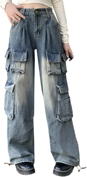 SANGTREE Womens High Waisted Multi Pocket Cargo Jeans