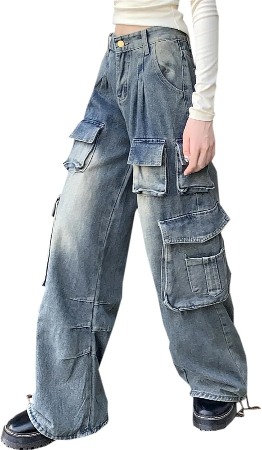 SANGTREE Womens High Waisted Multi Pocket Cargo Jeans