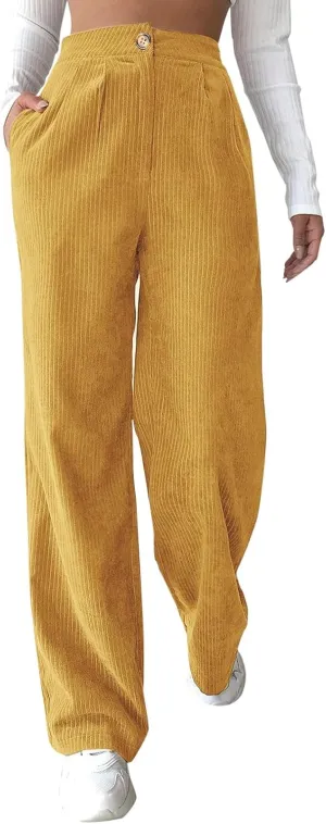 sdbrld Corduroy Pants for Women Vintage High Waisted Straight Wide Leg Pants Fall Winter Work Lounge Trousers with Pockets