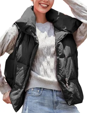 SDEER Women's High Neck Down Vest Zipper Button Sleeveless Puffer Down Winter Coats Vest Warm Short Jacket