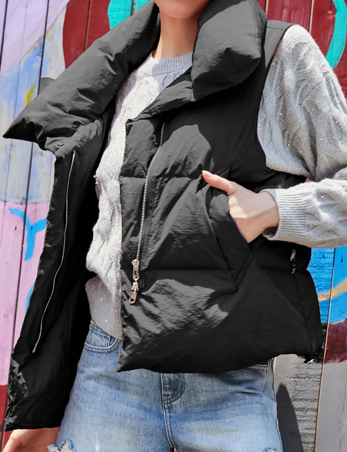 SDEER Women's High Neck Down Vest Zipper Button Sleeveless Puffer Down Winter Coats Vest Warm Short Jacket