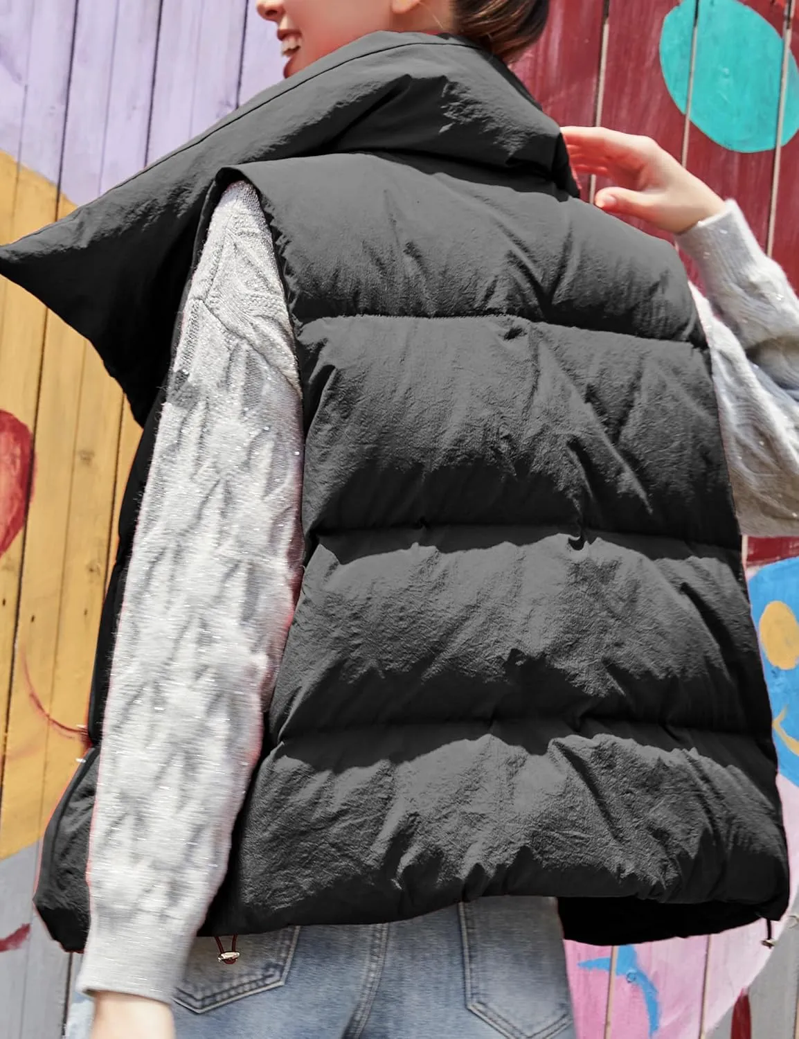 SDEER Women's High Neck Down Vest Zipper Button Sleeveless Puffer Down Winter Coats Vest Warm Short Jacket