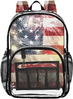 senya Transparent School Bag American Flag Fireworks Travel Backpack With Water-Resistant PVC Plastic Clear Bagpack