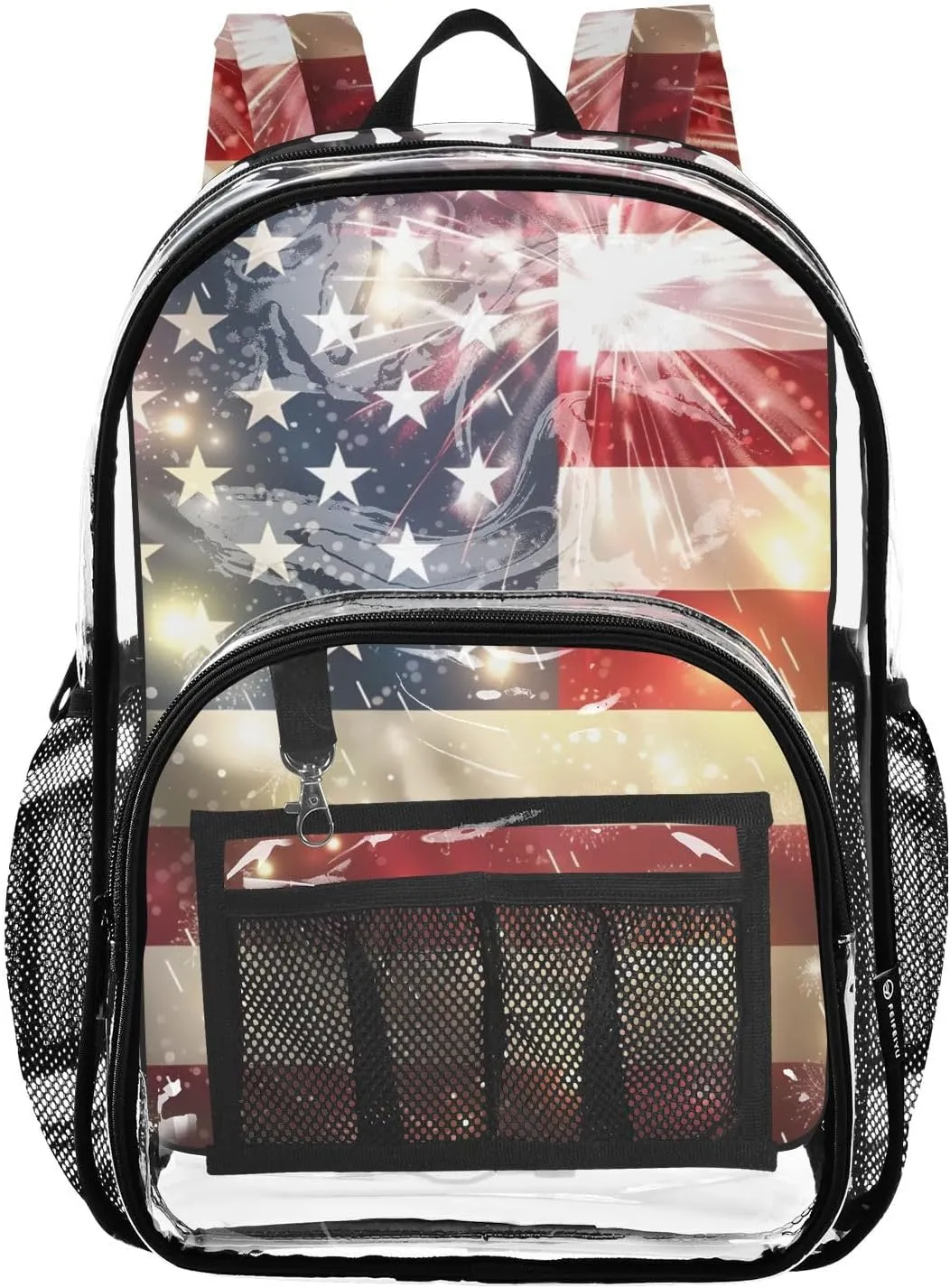 senya Transparent School Bag American Flag Fireworks Travel Backpack With Water-Resistant PVC Plastic Clear Bagpack