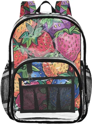 senya Transparent School Bag Cartoon Colorful Strawberries Travel Backpack With Water-Resistant PVC Plastic Clear Bagpack