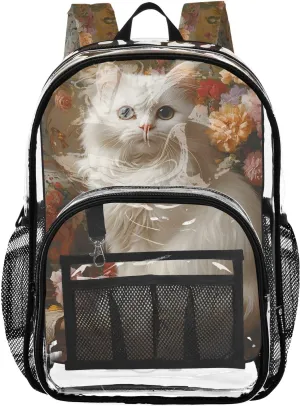 senya Transparent School Bag Docile White Cat Travel Backpack With Water-Resistant PVC Plastic Clear Bagpack