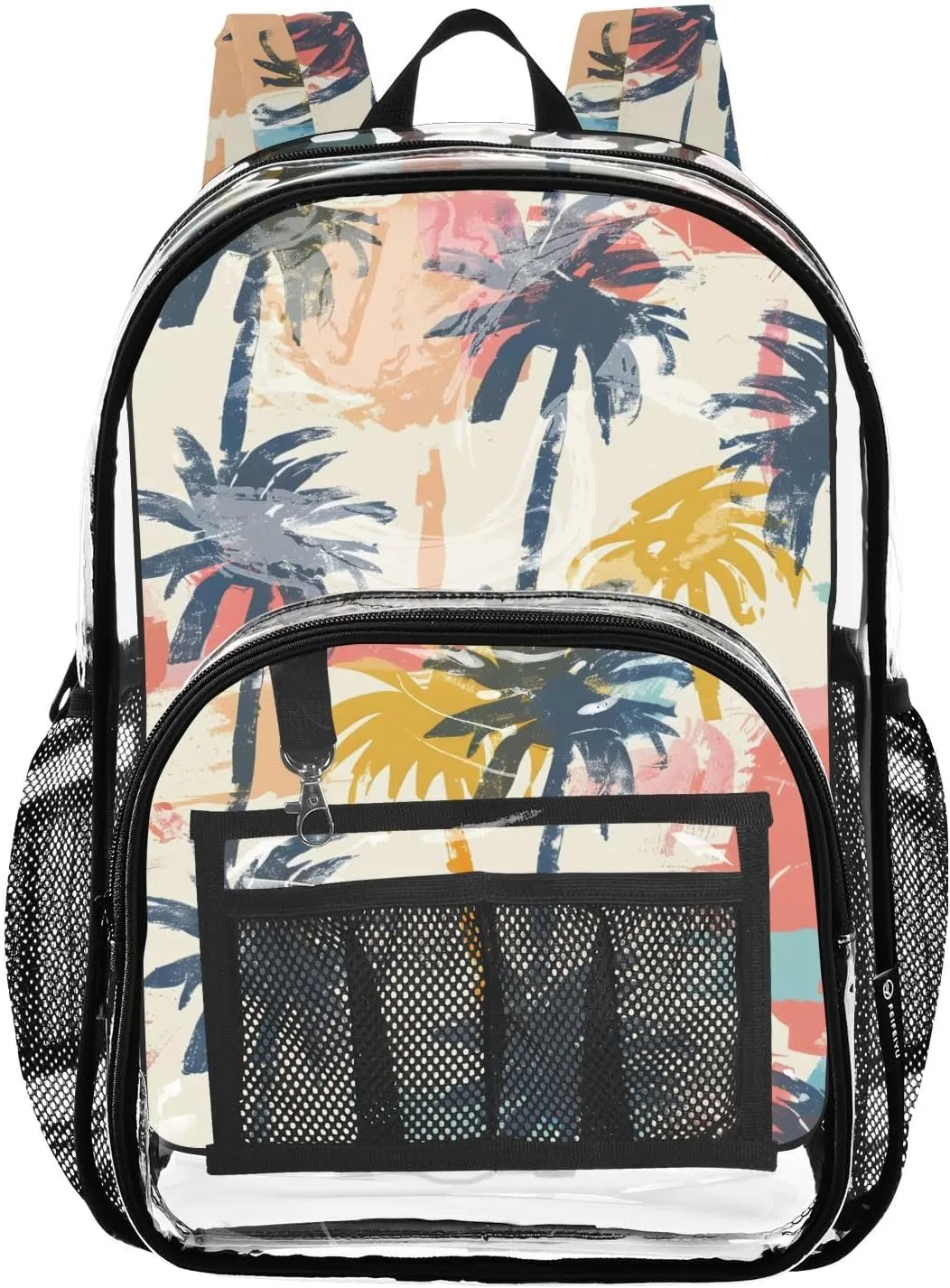 senya Transparent School Bag Doodle Coconut Trees Travel Backpack With Water-Resistant PVC Plastic Clear Bagpack