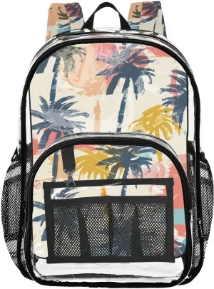 senya Transparent School Bag Doodle Coconut Trees Travel Backpack With Water-Resistant PVC Plastic Clear Bagpack