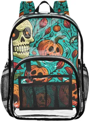 senya Transparent School Bag Halloween Pumpkin Skulls Travel Backpack With Water-Resistant PVC Plastic Clear Bagpack