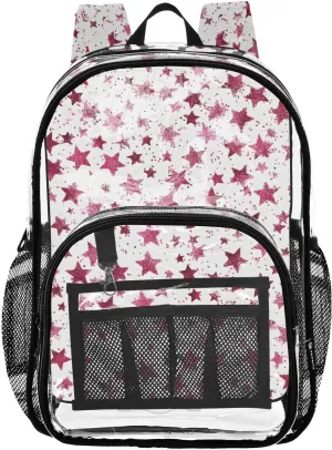 senya Transparent School Bag Pink Glittering Stars Travel Backpack With Water-Resistant PVC Plastic Clear Bagpack
