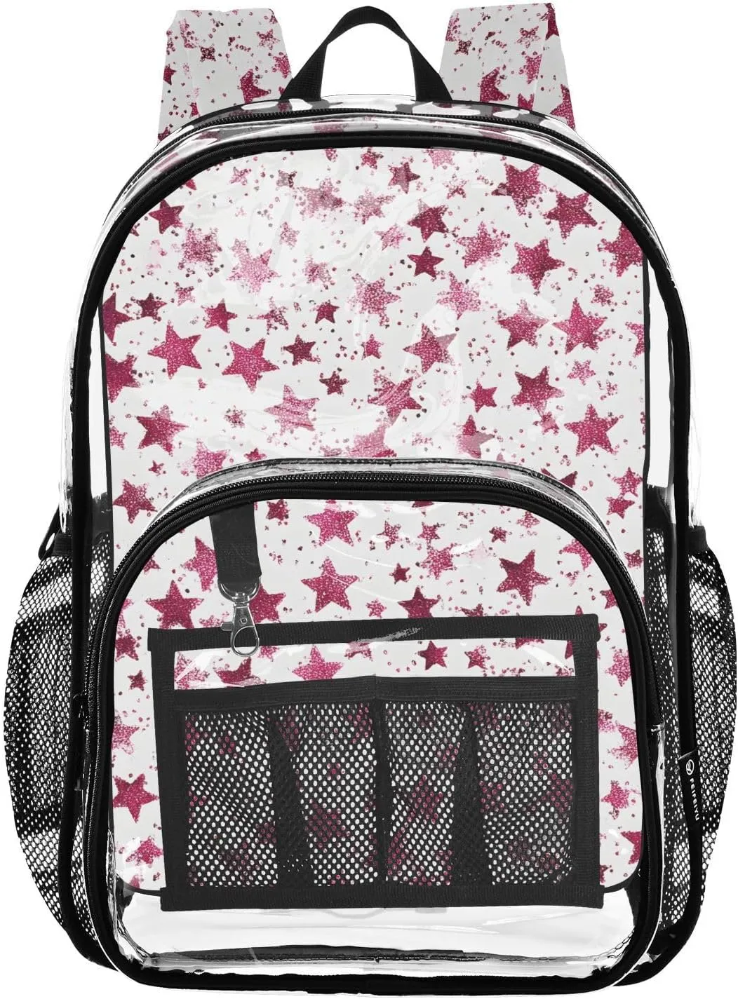 senya Transparent School Bag Pink Glittering Stars Travel Backpack With Water-Resistant PVC Plastic Clear Bagpack