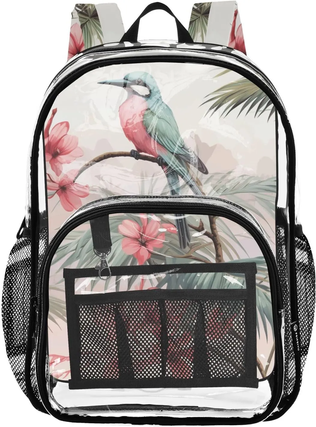 senya Transparent School Bag Pink Magpie Flowers Travel Backpack With Water-Resistant PVC Plastic Clear Bagpack