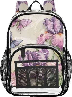 senya Transparent School Bag Purple-pink Irises Travel Backpack With Water-Resistant PVC Plastic Clear Bagpack