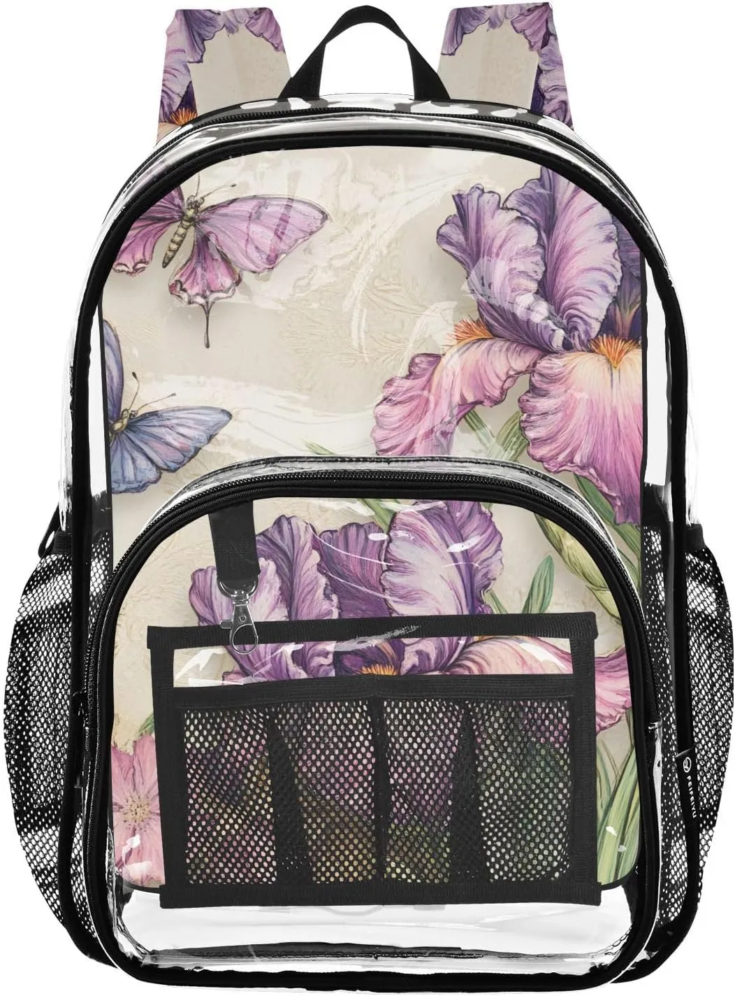 senya Transparent School Bag Purple-pink Irises Travel Backpack With Water-Resistant PVC Plastic Clear Bagpack