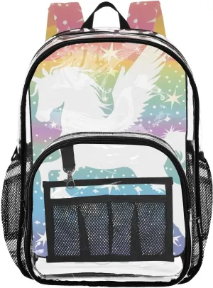 senya Transparent School Bag Rainbow Winged Unicorn Travel Backpack With Water-Resistant PVC Plastic Clear Bagpack