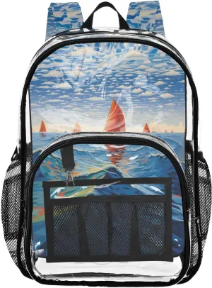 senya Transparent School Bag Red Sailboat Waves Travel Backpack With Water-Resistant PVC Plastic Clear Bagpack