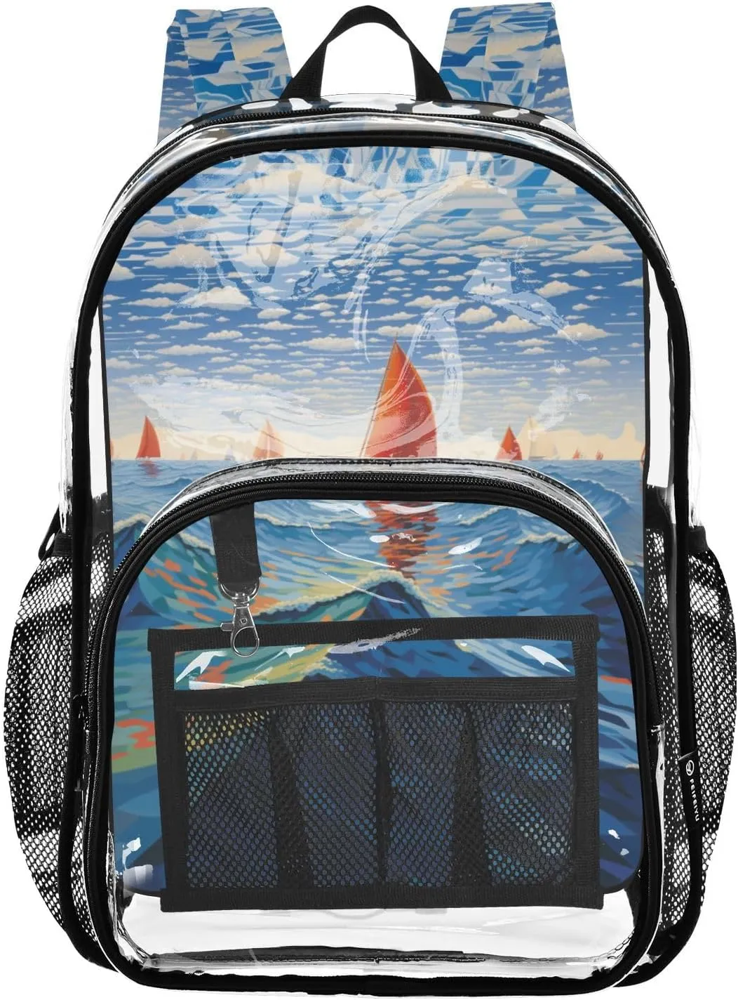 senya Transparent School Bag Red Sailboat Waves Travel Backpack With Water-Resistant PVC Plastic Clear Bagpack