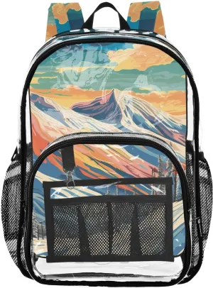 senya Transparent School Bag Sunset Snow Mountain Travel Backpack With Water-Resistant PVC Plastic Clear Bagpack
