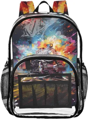 senya Transparent School Bag Train Oil Painting Travel Backpack With Water-Resistant PVC Plastic Clear Bagpack
