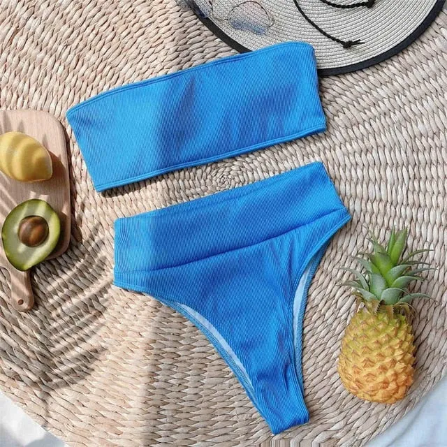 Sexy Bandeau High Waist Bikini Female Swimsuit Women Swimwear Two-pieces Bikini set Strapless Bather Bathing Suit V2331