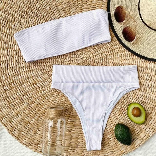 Sexy Bandeau High Waist Bikini Female Swimsuit Women Swimwear Two-pieces Bikini set Strapless Bather Bathing Suit V2331