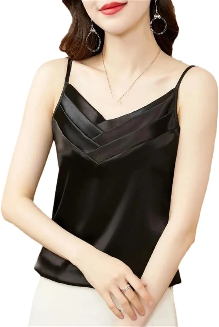 Sexy Casual Pleated Tank Tops Women Fashion Sleeveless Loose Satin Camisole Vest Female Basic Tops Vintage Clothing