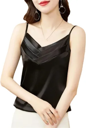 Sexy Casual Pleated Tank Tops Women Fashion Sleeveless Loose Satin Camisole Vest Female Basic Tops Vintage Clothing