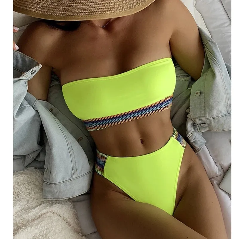 Sexy High Waist Bikini Strapless Solid Thong Bikini Set Brazilian Beachwear Bathing Suit