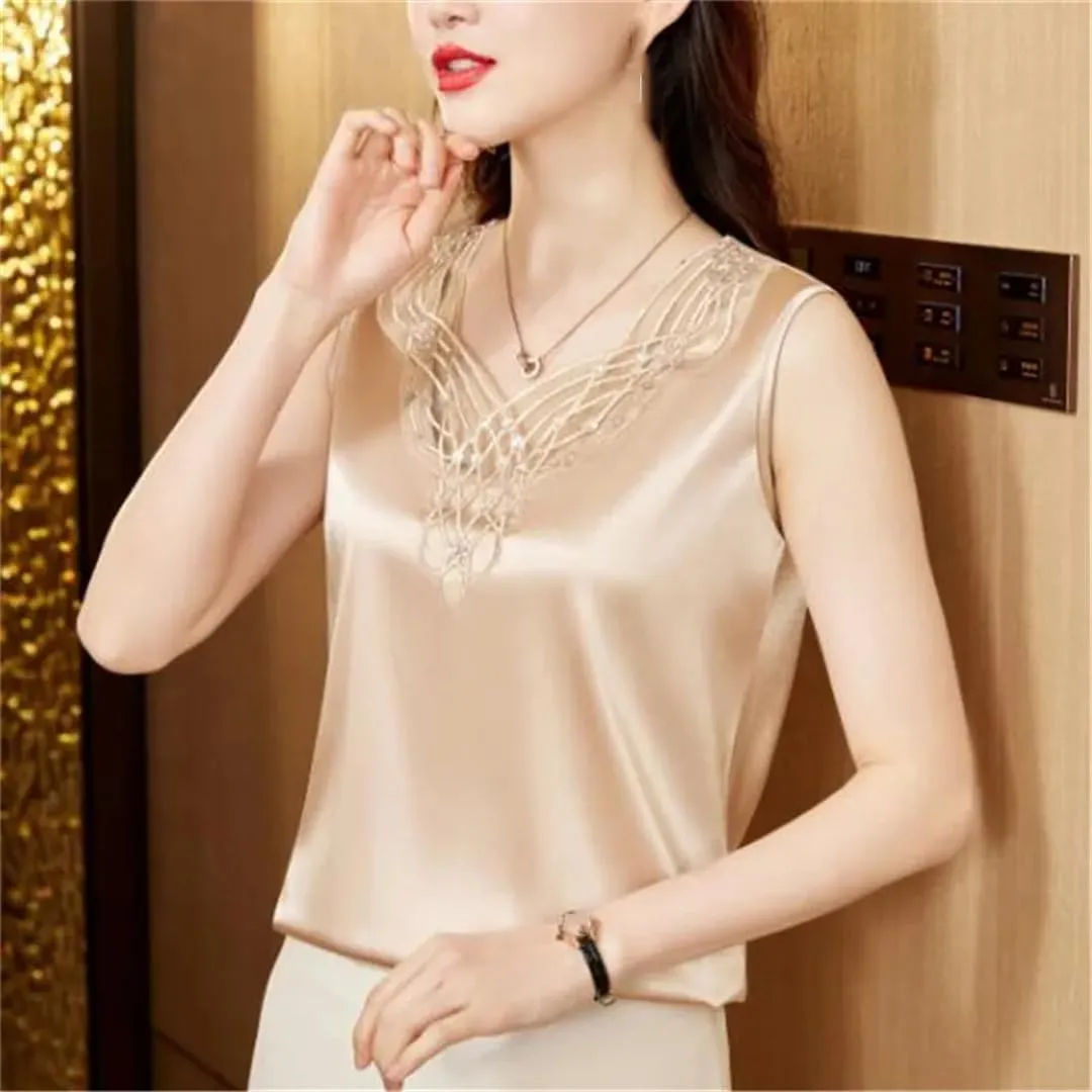 Sexy Lace Camisole Spring Summer Women Silk Satin Vest Sleeveless Casual Patchwork Tops