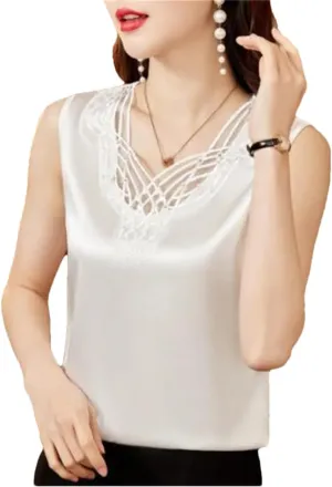 Sexy Lace Camisole Spring Summer Women Silk Satin Vest Sleeveless Casual Patchwork Tops