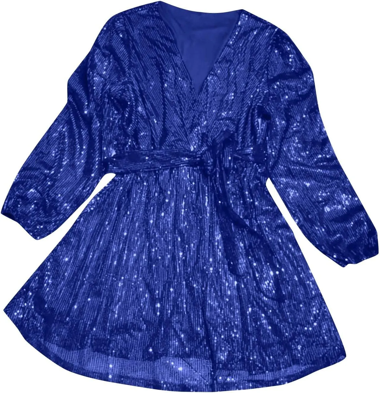 Sexy Sequin Dress for Women Party Night Long Sleeve Wrap V Neck Glitter Dresses Fashion Tie Waist V Neck Midi Dresses
