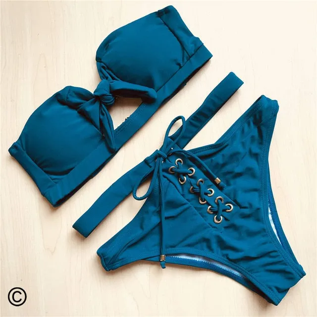 Sexy Strapless Lace Up Knotted High Waist Bikini