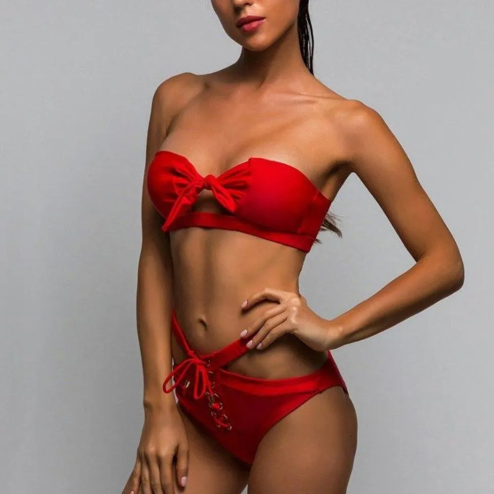 Sexy Strapless Lace Up Knotted High Waist Bikini