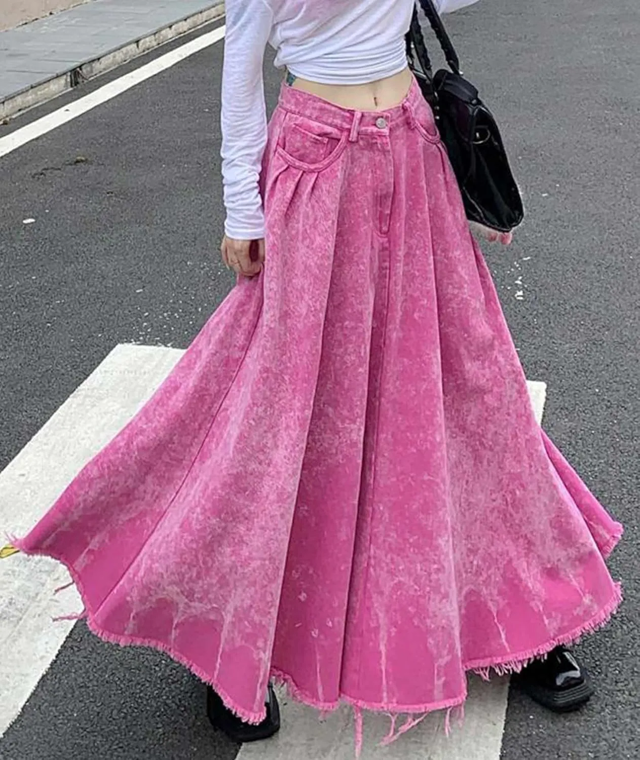 Sexyshine Women's Denim Frayed Maxi Dress Distressed Pink Ruffle Pleated A-Line Long Jeans Skirts Y2K Streetwear