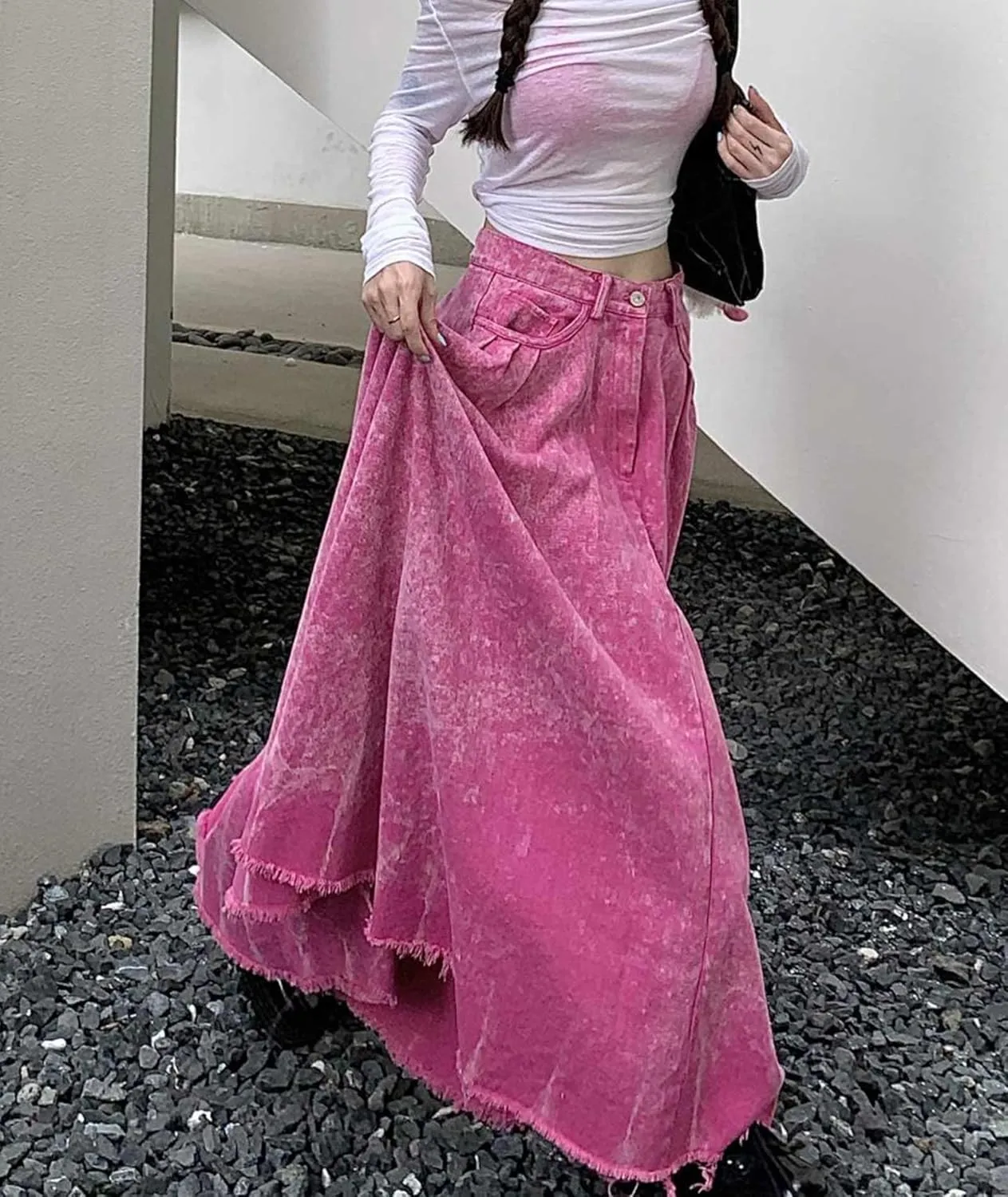 Sexyshine Women's Denim Frayed Maxi Dress Distressed Pink Ruffle Pleated A-Line Long Jeans Skirts Y2K Streetwear