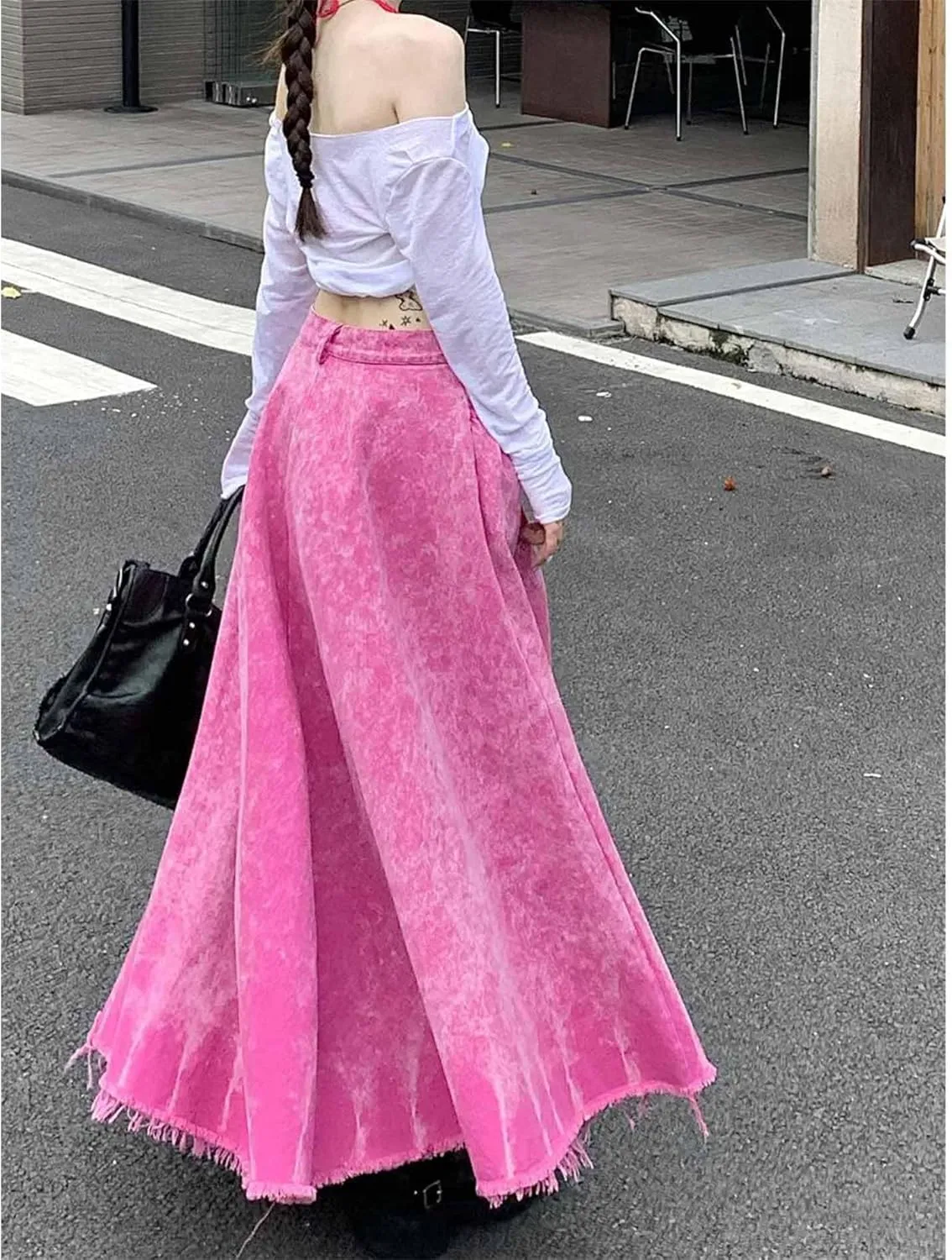 Sexyshine Women's Denim Frayed Maxi Dress Distressed Pink Ruffle Pleated A-Line Long Jeans Skirts Y2K Streetwear