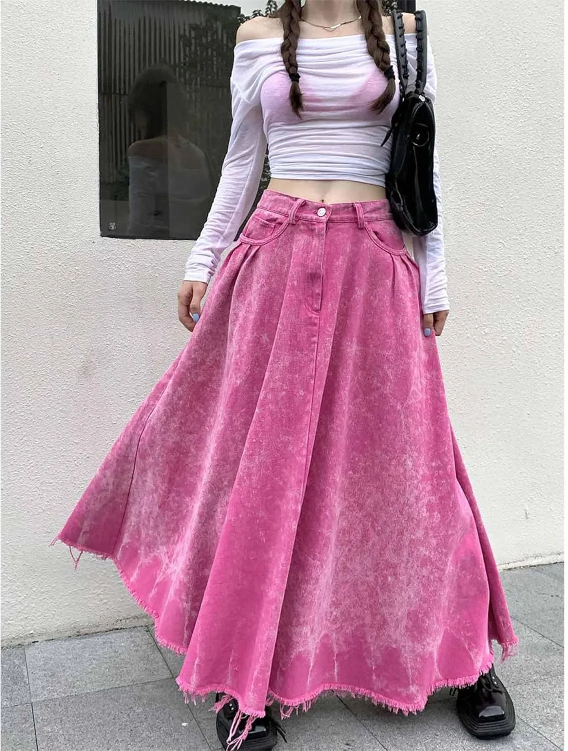 Sexyshine Women's Denim Frayed Maxi Dress Distressed Pink Ruffle Pleated A-Line Long Jeans Skirts Y2K Streetwear