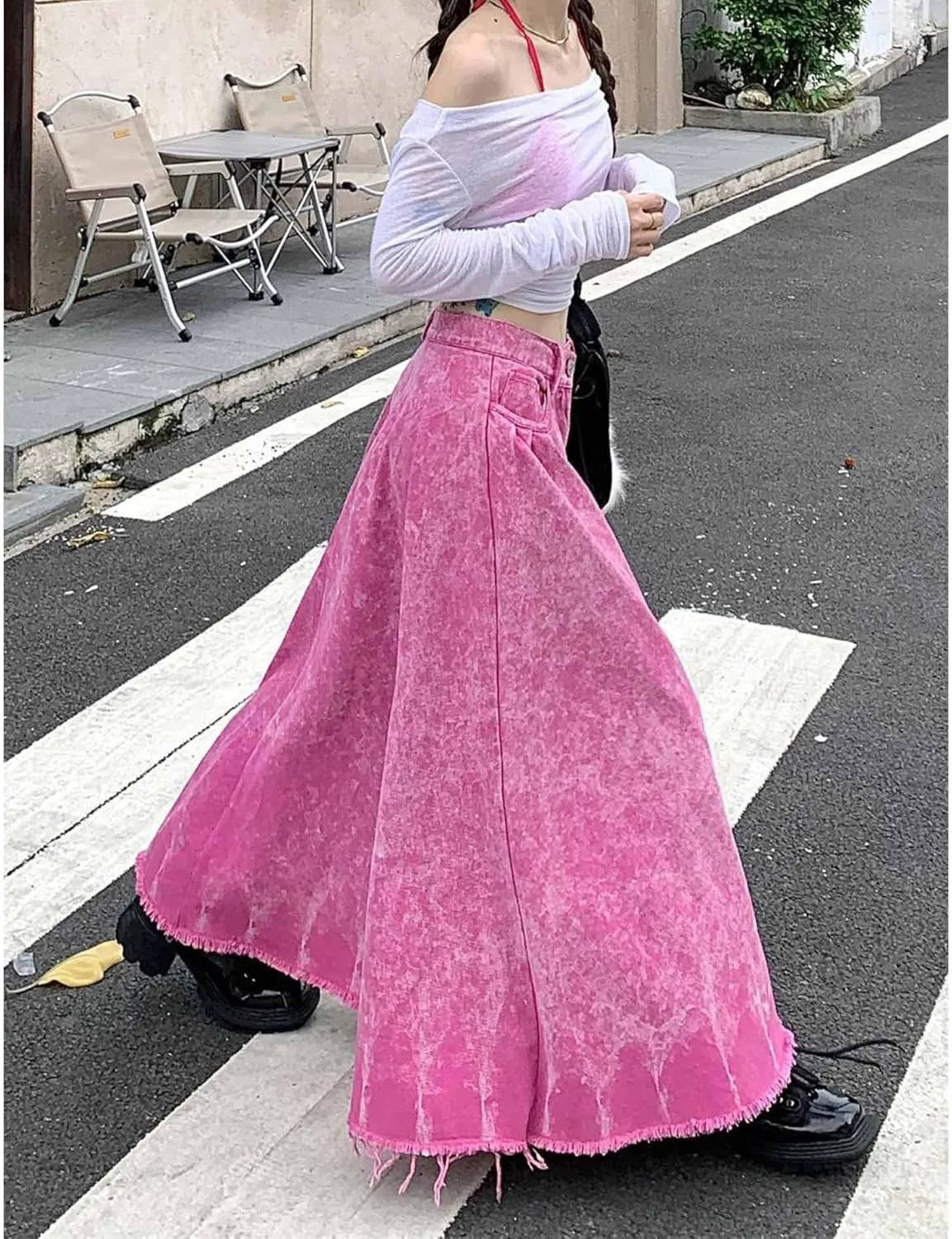 Sexyshine Women's Denim Frayed Maxi Dress Distressed Pink Ruffle Pleated A-Line Long Jeans Skirts Y2K Streetwear