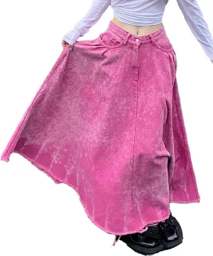 Sexyshine Women's Denim Frayed Maxi Dress Distressed Pink Ruffle Pleated A-Line Long Jeans Skirts Y2K Streetwear
