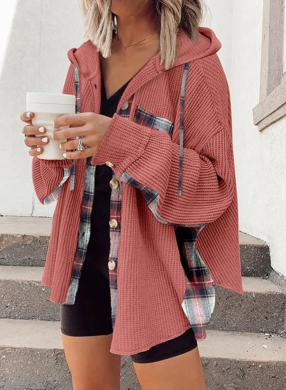 SHEWIN Womens Waffle Knit Plaid Shacket Boyfriend Button Down Shirt Hooded Jacket Loose Long Sleeve Tops