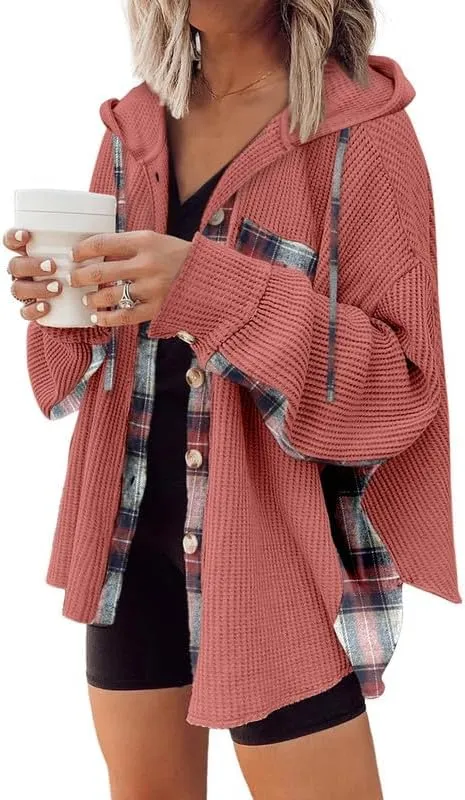 SHEWIN Womens Waffle Knit Plaid Shacket Boyfriend Button Down Shirt Hooded Jacket Loose Long Sleeve Tops