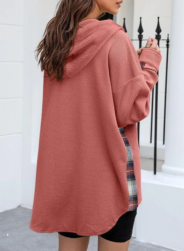 SHEWIN Womens Waffle Knit Plaid Shacket Boyfriend Button Down Shirt Hooded Jacket Loose Long Sleeve Tops