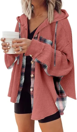 SHEWIN Womens Waffle Knit Plaid Shacket Boyfriend Button Down Shirt Hooded Jacket Loose Long Sleeve Tops