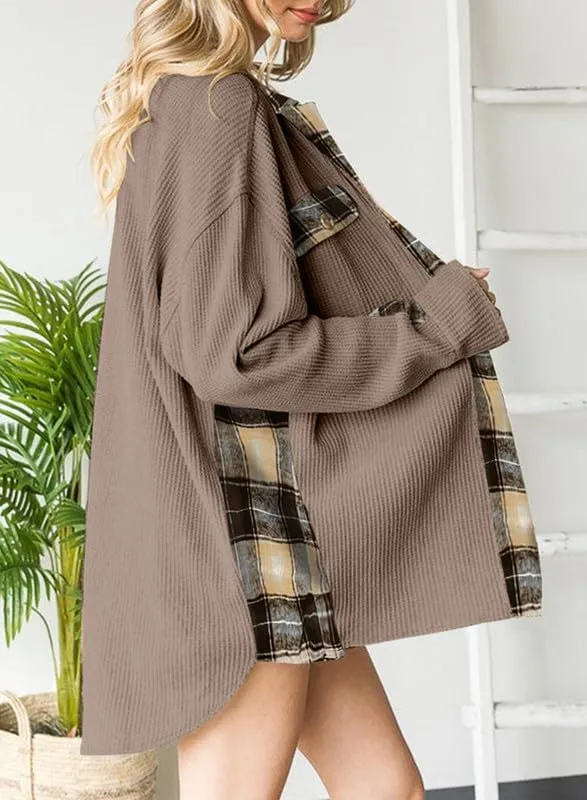 SHEWIN Womens Waffle Knit Plaid Shacket Boyfriend Button Down Shirt Jacket Loose Long Sleeve Tops