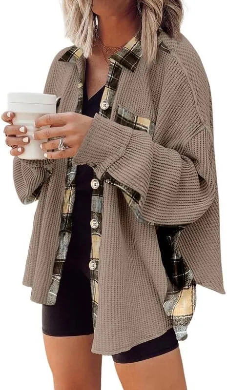 SHEWIN Womens Waffle Knit Plaid Shacket Boyfriend Button Down Shirt Jacket Loose Long Sleeve Tops