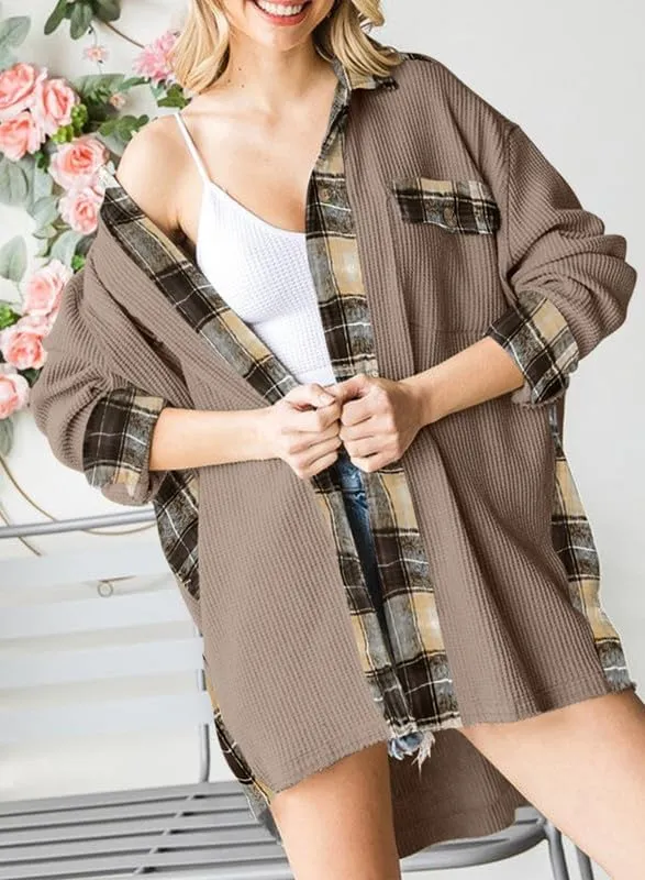 SHEWIN Womens Waffle Knit Plaid Shacket Boyfriend Button Down Shirt Jacket Loose Long Sleeve Tops