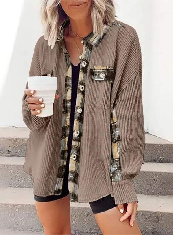 SHEWIN Womens Waffle Knit Plaid Shacket Boyfriend Button Down Shirt Jacket Loose Long Sleeve Tops