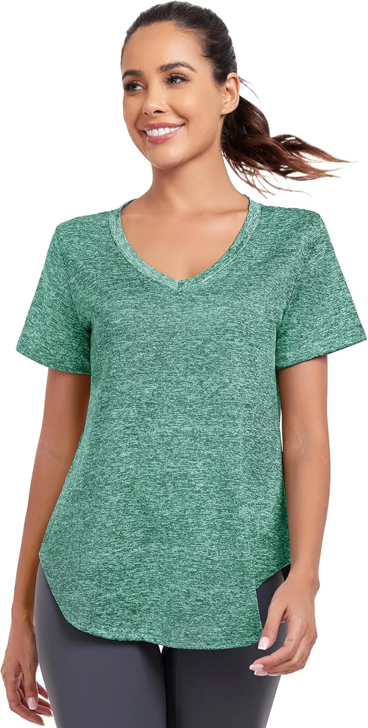 Short Sleeve Workout Shirts Women Loose Fit, V-Neck Women Exercise T-Shirt Workout Top, Dry Fit Yoga Gym Sport Tops