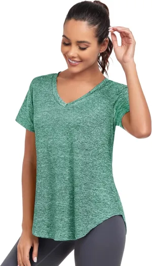 Short Sleeve Workout Shirts Women Loose Fit, V-Neck Women Exercise T-Shirt Workout Top, Dry Fit Yoga Gym Sport Tops